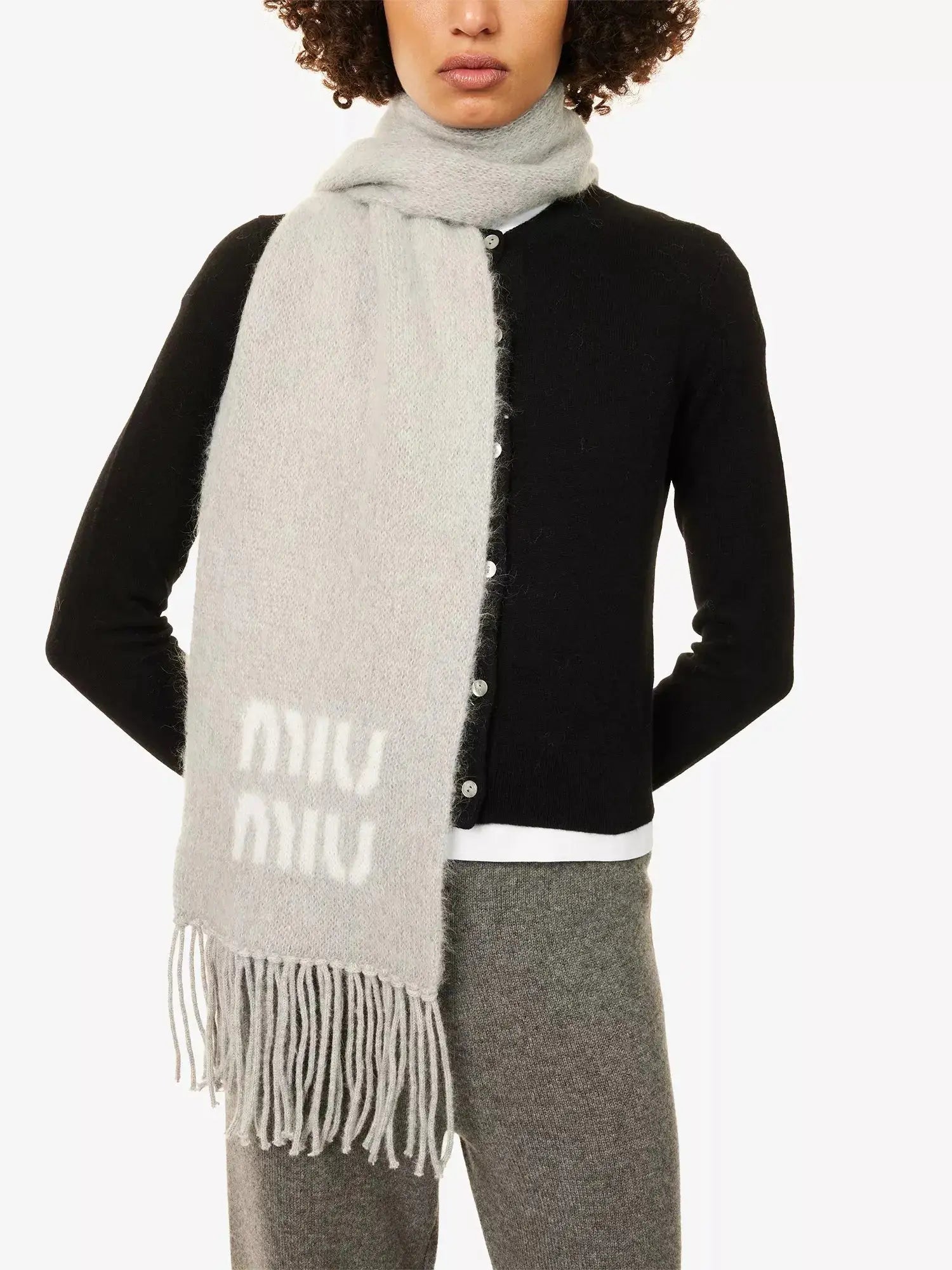 Women's Logo-Jacquard Fringed Mohair-Blend Scarf Miu Miu
