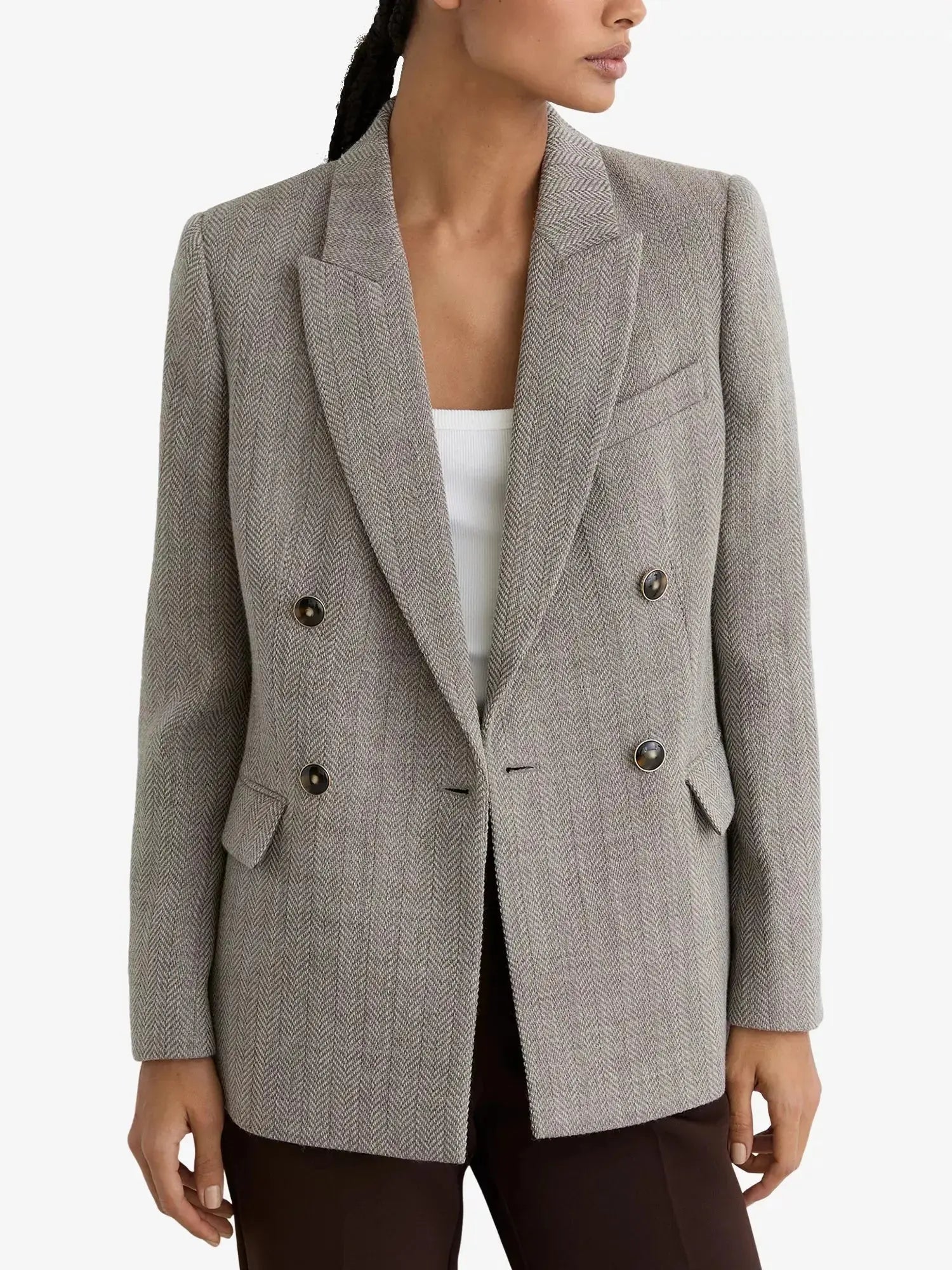 Women's Ember Double-Breasted Herringbone Wool and Cotton-Blend Blazer Reiss