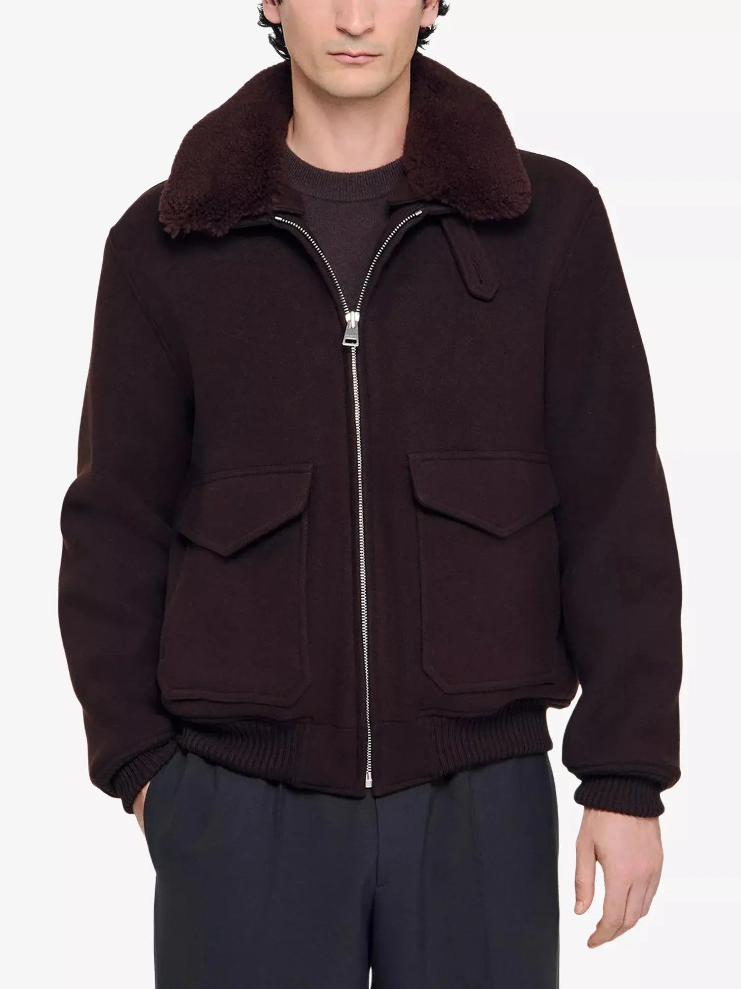 Men's Shearling-Collar Wool-Blend Aviator Jacket Sandro